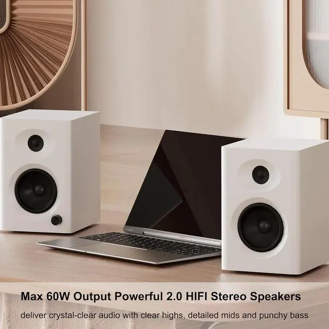 Alt view image 3 of 5 - Computer Speakers for Desktop PC, 60W Bluetooth Surround Sound Speakers with Bass for Office, Monitors, Laptop, Gaming, TV, Gifts (White, Pair)