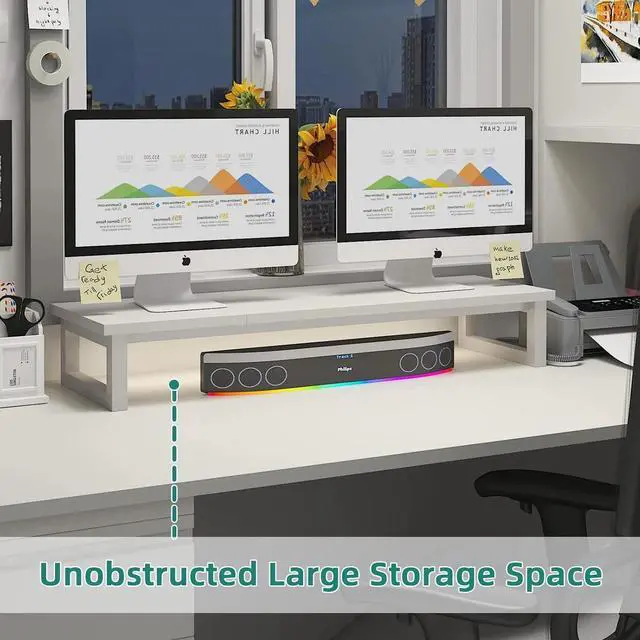 Alt view image 2 of 5 - 39Inch Large Monitor Stands for 2 Monitors, Computer Monitor Stand, Wooden Desktop Oraganizer Shelf for Office Desk Computer,Laptop,