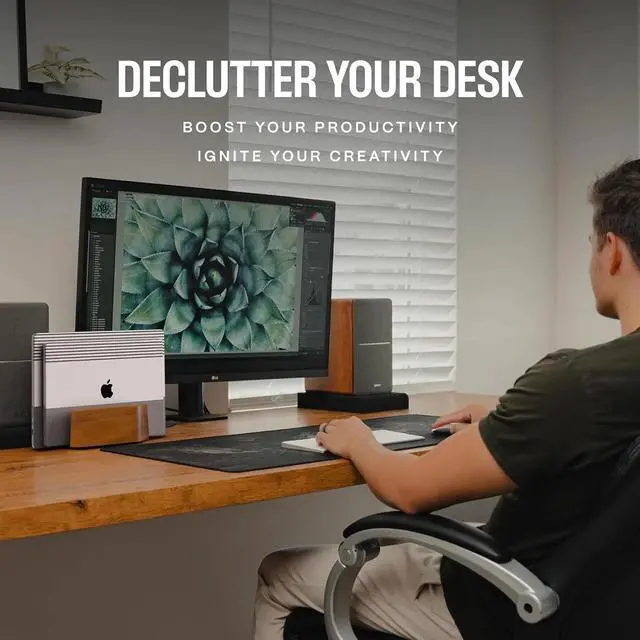 Alt view image 4 of 4 - Adjustable Dual Vertical Laptop Stand, Wooden Mac Book Pro Holder, Ergonomic Desk Mount for MacBook Air, Space-Saving Monitor Stand