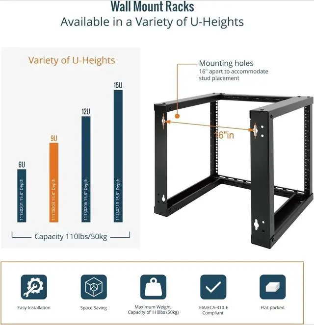 Alt view image 5 of 5 - 9U Fixed Wall Mount Network Rack 15.8inch Depth Open Frame for Server Data/AV/IT/Communication/Computer Equipment/Patch Panel Heavy Duty