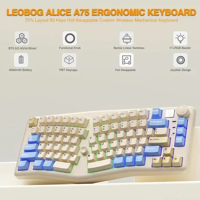 Alt view image 2 of 4 - Wireless Mechanical Gaming Keyboard Tri-Mode BT5.0/2.4G/Wired with Joystick and Knob, 75% Layout RGB Backlit Hot Swappable Linear Switches