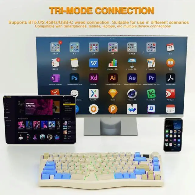 Alt view image 4 of 4 - Wireless Mechanical Gaming Keyboard Tri-Mode BT5.0/2.4G/Wired with Joystick and Knob, 75% Layout RGB Backlit Hot Swappable Linear Switches