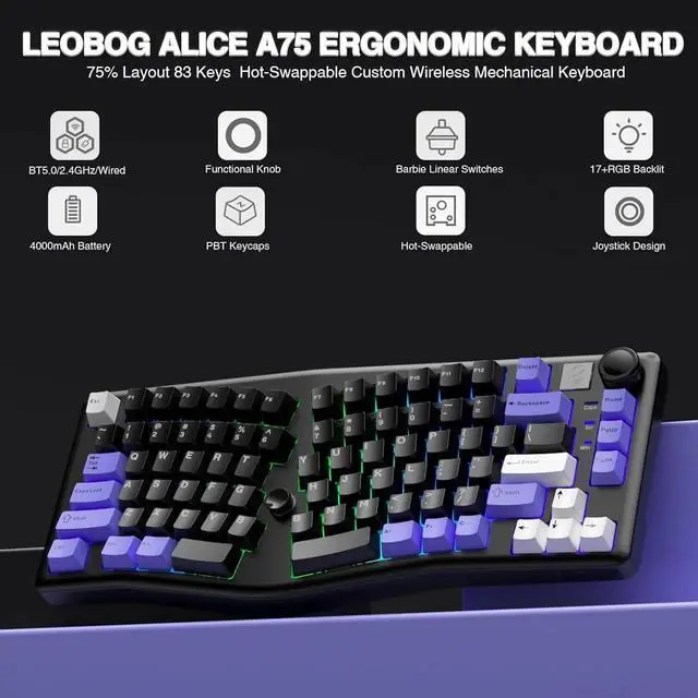 Alt view image 2 of 4 - Wireless Mechanical Gaming Keyboard Tri-Mode BT5.0/2.4G/Wired with Joystick and Knob, 75% Layout RGB Backlit Hot Swappable Linear Switches