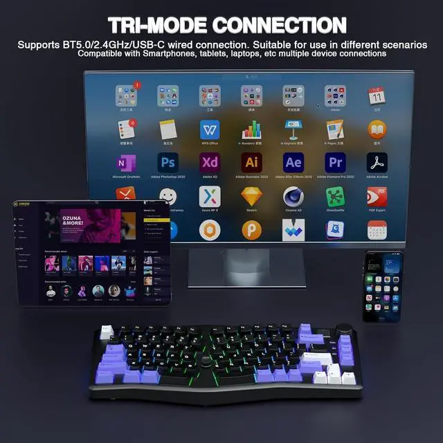 Alt view image 4 of 4 - Wireless Mechanical Gaming Keyboard Tri-Mode BT5.0/2.4G/Wired with Joystick and Knob, 75% Layout RGB Backlit Hot Swappable Linear Switches