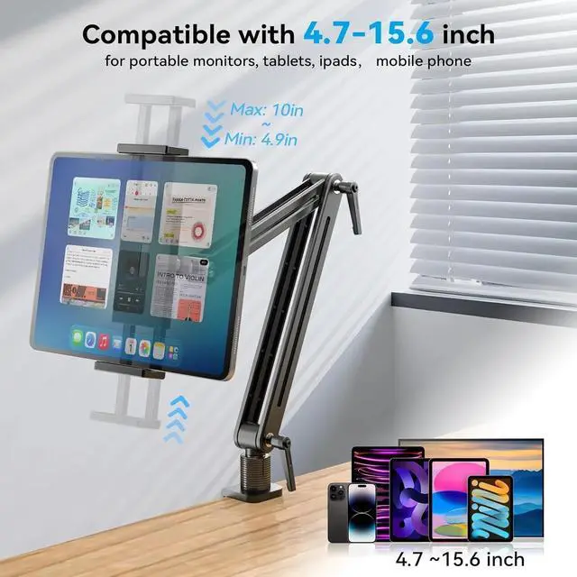 Alt view image 2 of 5 - Adjustable Tablet Mount for Desk - 360 Degree Rotating Base Tall Arm Holder Stand Swivel Flexible Clamp para Tablet/Portable Monitor/Ebook