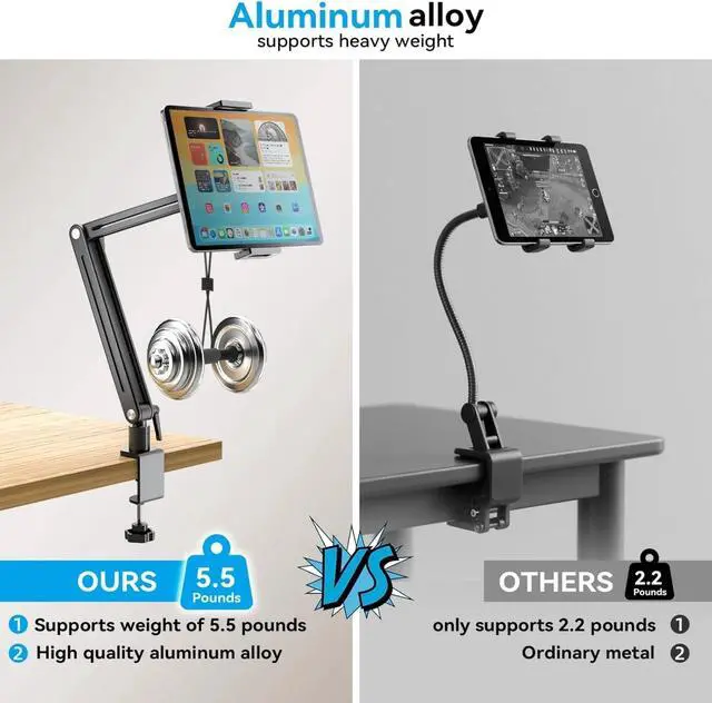 Alt view image 5 of 5 - Adjustable Tablet Mount for Desk - 360 Degree Rotating Base Tall Arm Holder Stand Swivel Flexible Clamp para Tablet/Portable Monitor/Ebook
