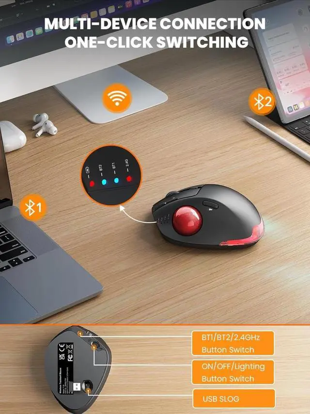 Alt view image 4 of 4 - Wireless Trackball Mouse, Ergonomic Bluetooth Rechargeable Computer Mouse, Backlit Rollerball Thumb Laptop mice -Red Ball