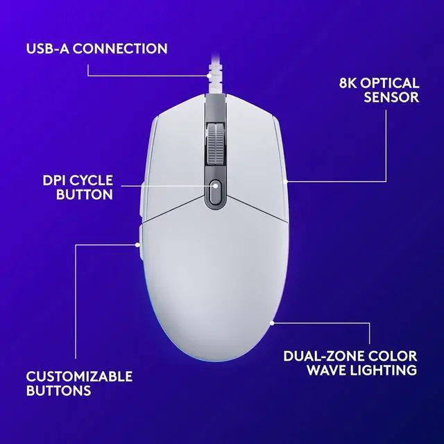 Alt view image 4 of 4 - G203 Wired Gaming Mouse, 8,000 DPI, Rainbow Optical Effect LIGHTSYNC RGB, 6 Programmable Buttons, On-Board Memory, Screen Mapping, PC/Mac Computer and Laptop Compatible - White