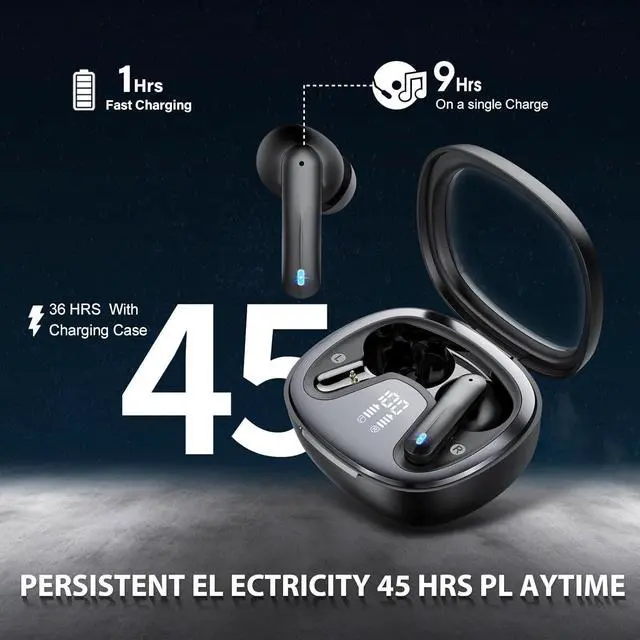 Alt view image 3 of 4 - Wireless Earbuds, Bluetooth 5.4 Headphones, HiFi Stereo Bass Ear Buds, in Ear Earbuds with 4 ENC Noise Cancelling Mic, 45H, LED Display, IP7 Waterproof, Earphones for Phone Android/iOS Sports, Black