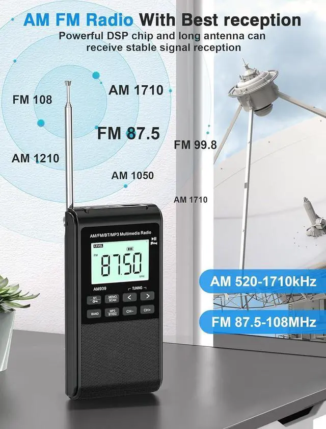 Alt view image 2 of 4 - Bluetooth AM FM Radio with 1200mAh Rechargeable Battery Portable Transistor Pocket Radio with Best Reception,5W Big Speaker,LCD Screen,Earphone Jack,Support SD Card and USB MP3 Player for Jogging