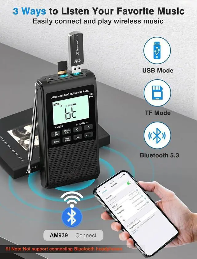 Alt view image 3 of 4 - Bluetooth AM FM Radio with 1200mAh Rechargeable Battery Portable Transistor Pocket Radio with Best Reception,5W Big Speaker,LCD Screen,Earphone Jack,Support SD Card and USB MP3 Player for Jogging