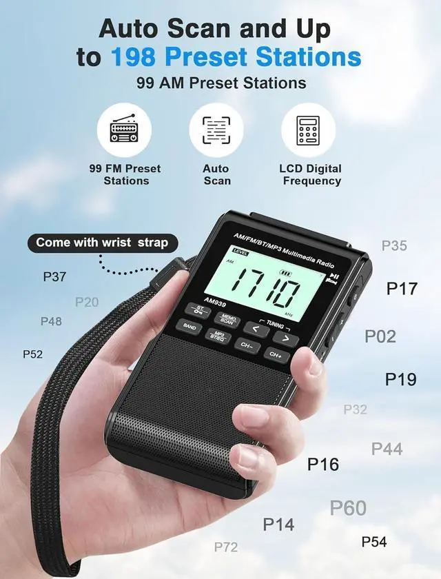 Alt view image 4 of 4 - Bluetooth AM FM Radio with 1200mAh Rechargeable Battery Portable Transistor Pocket Radio with Best Reception,5W Big Speaker,LCD Screen,Earphone Jack,Support SD Card and USB MP3 Player for Jogging