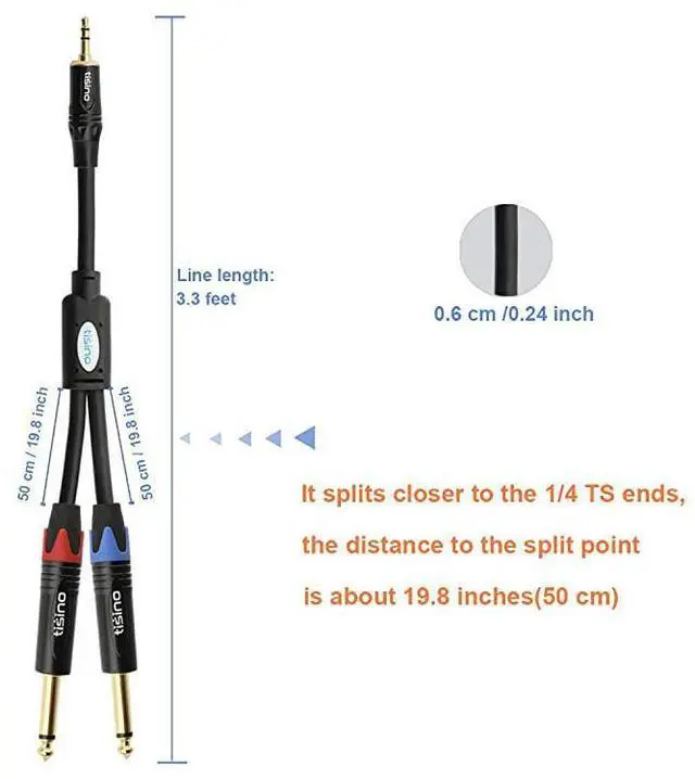 Alt view image 6 of 7 - for1/8" TRS Stereo to Dual 1/4" TS Mono Y-Splitter Cable, 3.5mm Mini Jack Aux to Quarter inch 6.35mm Jack Stereo Breakout Cord - 3.3 feet