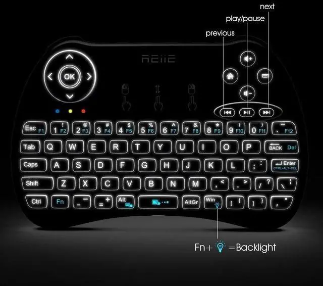 Alt view image 2 of 6 - (Backlit Version)REIIE H9+ Backlit Wireless Mini Handheld Remote Keyboard with Touchpad Work for PC,Raspberry Pi 2, Android TV Box ,KODI,Windows 7 8 10