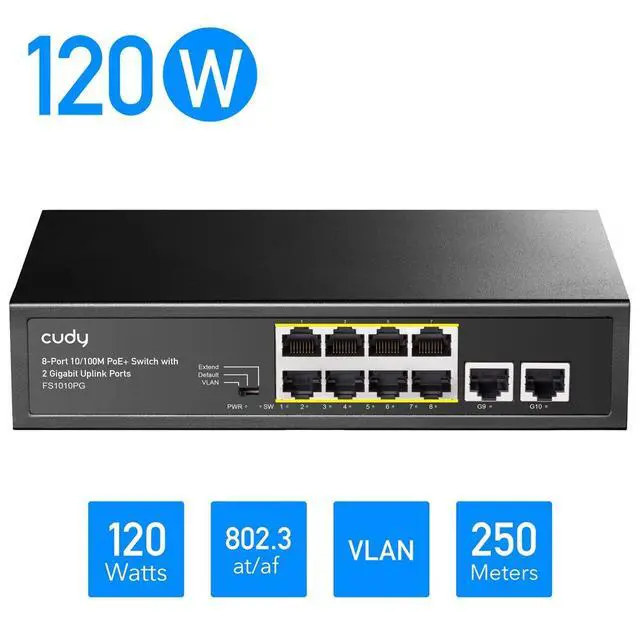 Alt view image 2 of 7 - forCudy 8 Port PoE+ Switch with 2 Gigabit Uplink Ports 120W 8 10/100Mbps PoE+@120W Extend/VLAN Mode 802.3af/at Standard Fanless Watchdog Plug and Play FS1010PG