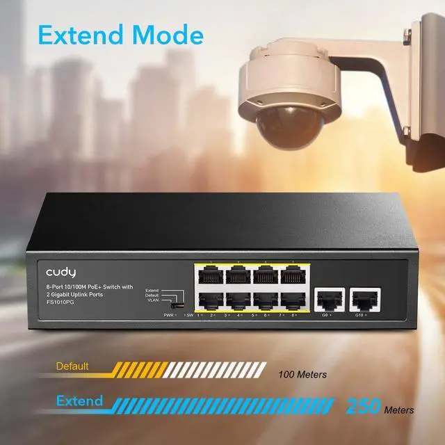 Alt view image 4 of 7 - forCudy 8 Port PoE+ Switch with 2 Gigabit Uplink Ports 120W 8 10/100Mbps PoE+@120W Extend/VLAN Mode 802.3af/at Standard Fanless Watchdog Plug and Play FS1010PG