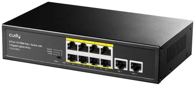 Main image of forCudy 8 Port PoE+ Switch with 2 Gigabit Uplink Ports 120W 8 10/100Mbps PoE+@120W Extend/VLAN Mode 802.3af/at Standard Fanless Watchdog Plug and Play FS1010PG
