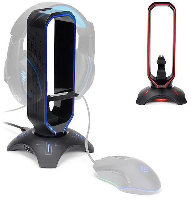 Main image of Gaming Headset Stand LED Headphone Hanger with Mouse Bungee and 2 Port USB Hub 7 RGB Colors + Color Changing Mode Headset Hanger Mouse Bungee 3in1 Gaming Desktop Accessory PS4 Xbox