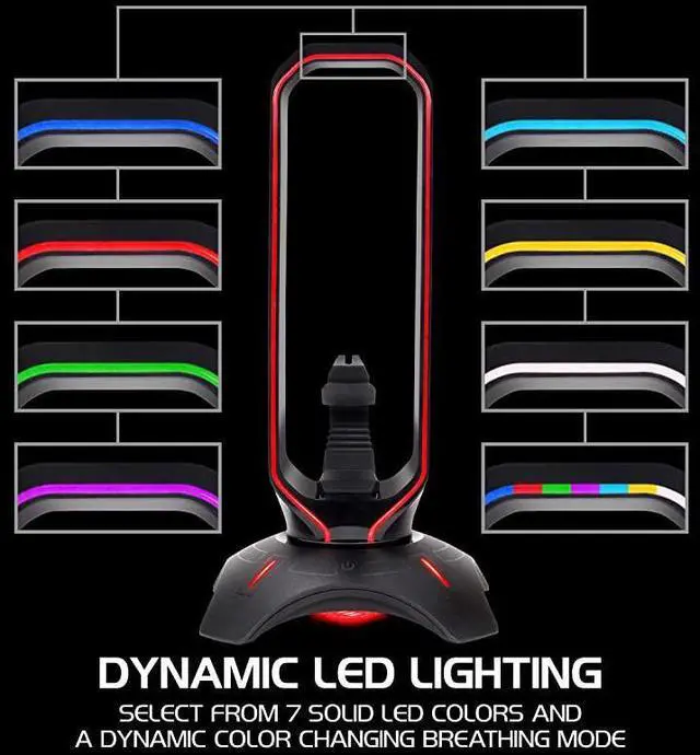 Alt view image 4 of 6 - Gaming Headset Stand LED Headphone Hanger with Mouse Bungee and 2 Port USB Hub 7 RGB Colors + Color Changing Mode Headset Hanger Mouse Bungee 3in1 Gaming Desktop Accessory PS4 Xbox
