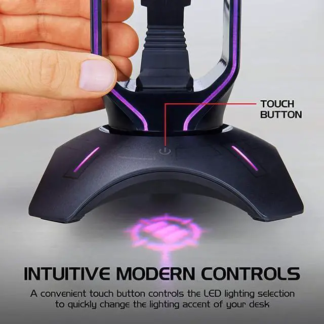 Alt view image 6 of 6 - Gaming Headset Stand LED Headphone Hanger with Mouse Bungee and 2 Port USB Hub 7 RGB Colors + Color Changing Mode Headset Hanger Mouse Bungee 3in1 Gaming Desktop Accessory PS4 Xbox