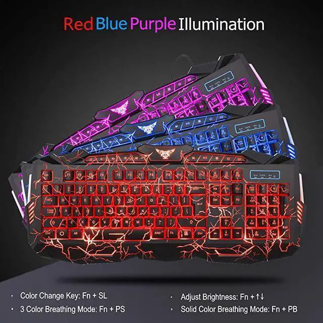 Alt view image 2 of 7 - ForGaming Keyboard Mouse Headset ComboUSB Wired Crack Backlit Keyboard114 Keys Letters Glow LED KeyboardRed LED Light Headset for Laptop PC Computer Work and Game