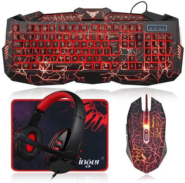 Main image of ForGaming Keyboard Mouse Headset ComboUSB Wired Crack Backlit Keyboard114 Keys Letters Glow LED KeyboardRed LED Light Headset for Laptop PC Computer Work and Game