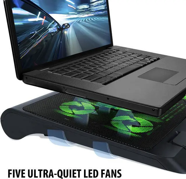 Alt view image 2 of 4 - Gaming Laptop Cooling Pad Stand with LED Cooler Fans Adjustable Height & Dual USB Port for 17 inch Laptops - 5 Ultra Quiet High Performance Fans 2630 RPM & Built-in Bumpers - Green
