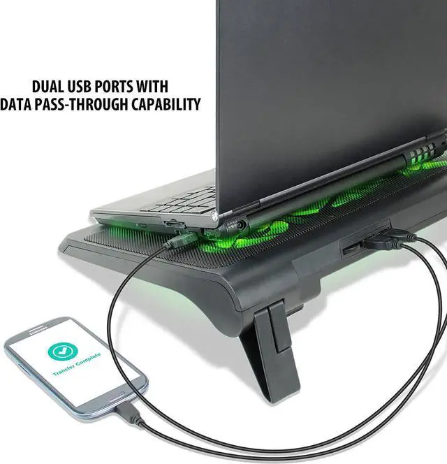 Alt view image 6 of 7 - Gaming Laptop Cooling Pad Stand with LED Cooler Fans Adjustable Height & Dual USB Port for 17 inch Laptops - 5 Ultra Quiet High Performance Fans 2630 RPM & Built-in Bumpers - Green