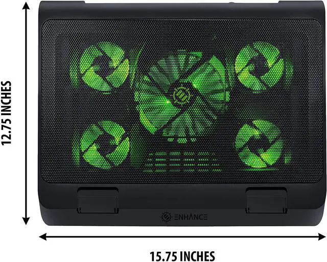 Alt view image 4 of 4 - Gaming Laptop Cooling Pad Stand with LED Cooler Fans Adjustable Height & Dual USB Port for 17 inch Laptops - 5 Ultra Quiet High Performance Fans 2630 RPM & Built-in Bumpers - Green