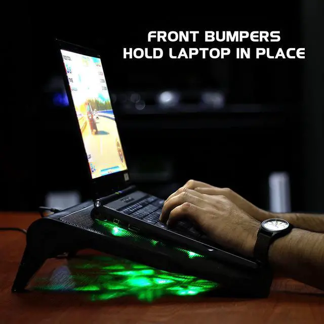 Alt view image 4 of 7 - Gaming Laptop Cooling Pad Stand with LED Cooler Fans Adjustable Height & Dual USB Port for 17 inch Laptops - 5 Ultra Quiet High Performance Fans 2630 RPM & Built-in Bumpers - Green