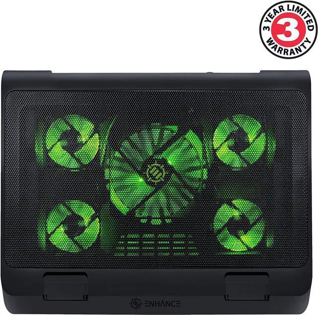 Alt view image 2 of 7 - Gaming Laptop Cooling Pad Stand with LED Cooler Fans Adjustable Height & Dual USB Port for 17 inch Laptops - 5 Ultra Quiet High Performance Fans 2630 RPM & Built-in Bumpers - Green