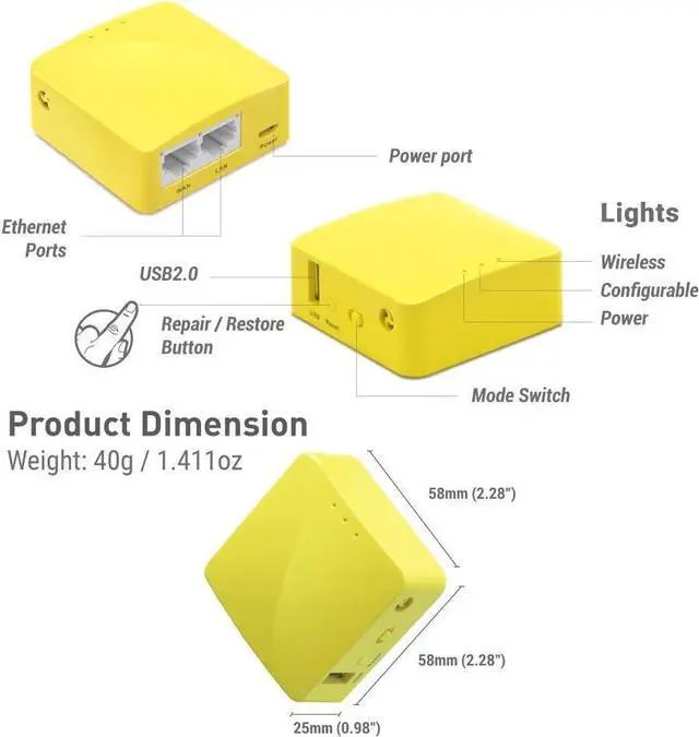 Alt view image 2 of 7 - ForGL.iNet GL-MT300N-V2(Mango) Portable Mini Travel Wireless Pocket VPN Router - WiFi Router/Access Point/Extender/WDS | OpenWrt | 2 x Ethernet Ports | OpenVPN/Wireguard VPN | USB 2.0 Port | 128MB RAM