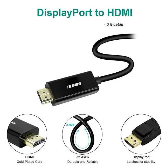 Alt view image 4 of 7 - FOR DisplayPort to HDMI 10 Feet Cable  DisplayPort to HDMI Male to Male Adapter GoldPlated Cord Compatible with Lenovo HP ASUS Dell and Other Brand