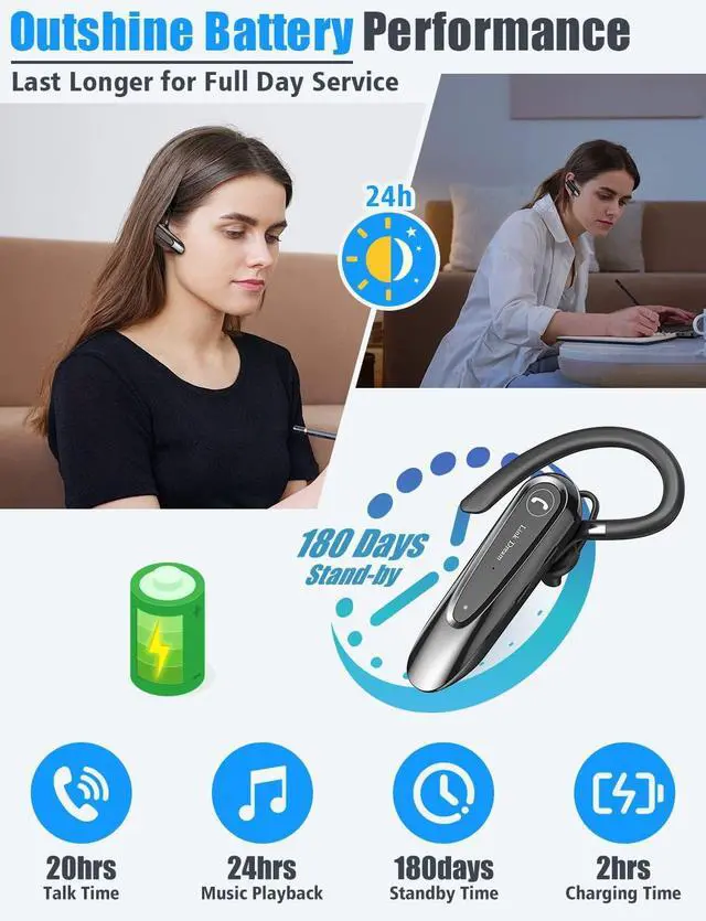 Alt view image 3 of 7 - FOR Bluetooth Earpiece Wireless CVC8.0 Headset for Cell Phone Dual Mic Noise Canceling Handsfree Phone Earpiece with Mute 20Hrs Talk Time 180 Days Standby for iPhone Android Home Office Driving