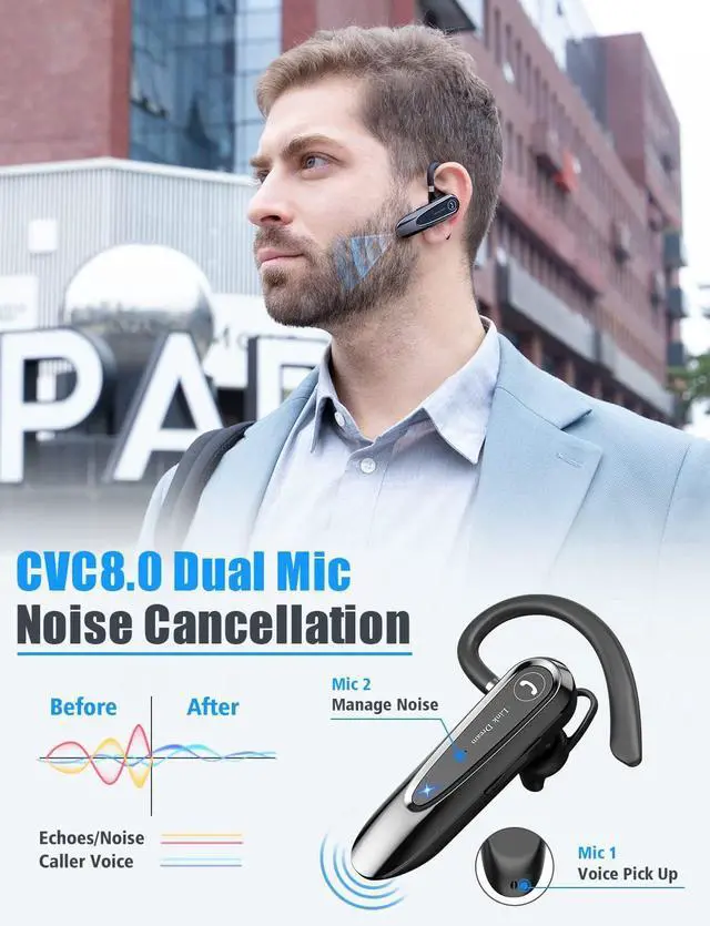 Alt view image 2 of 7 - FOR Bluetooth Earpiece Wireless CVC8.0 Headset for Cell Phone Dual Mic Noise Canceling Handsfree Phone Earpiece with Mute 20Hrs Talk Time 180 Days Standby for iPhone Android Home Office Driving