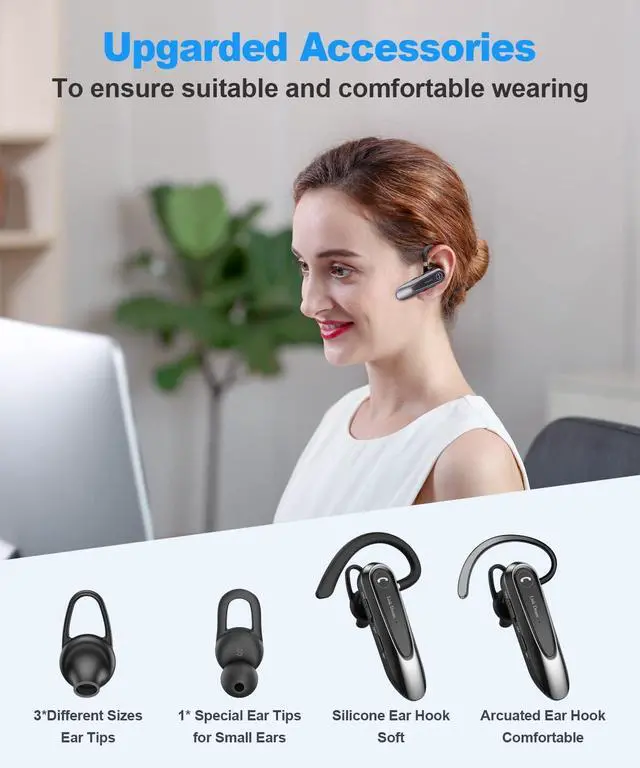 Alt view image 6 of 7 - FOR Bluetooth Earpiece Wireless CVC8.0 Headset for Cell Phone Dual Mic Noise Canceling Handsfree Phone Earpiece with Mute 20Hrs Talk Time 180 Days Standby for iPhone Android Home Office Driving