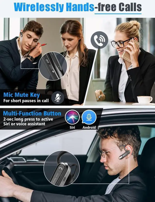 Alt view image 7 of 7 - FOR Bluetooth Earpiece Wireless CVC8.0 Headset for Cell Phone Dual Mic Noise Canceling Handsfree Phone Earpiece with Mute 20Hrs Talk Time 180 Days Standby for iPhone Android Home Office Driving