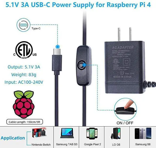 Alt view image 3 of 7 - FOR Compatible with Raspberry Pi 4 Power Supply with ONOff Switch 51V 3A USBC Pi 4 Charger 60 Degree Rotation Adapter for Raspberry Pi 4 Model B 1GB 2GB 4GB Version