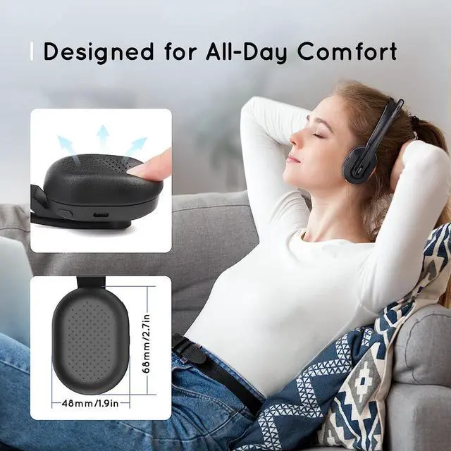Alt view image 5 of 7 - FOR-Bluetooth Headset Wireless Headsets with AI-Powered Environmental Noise Cancelling Microphone(ENC) Fast Charging Base 45Hrs Bluetooth Headphones with Mute & USB Dongle for PC/Trucker/Work/Phone