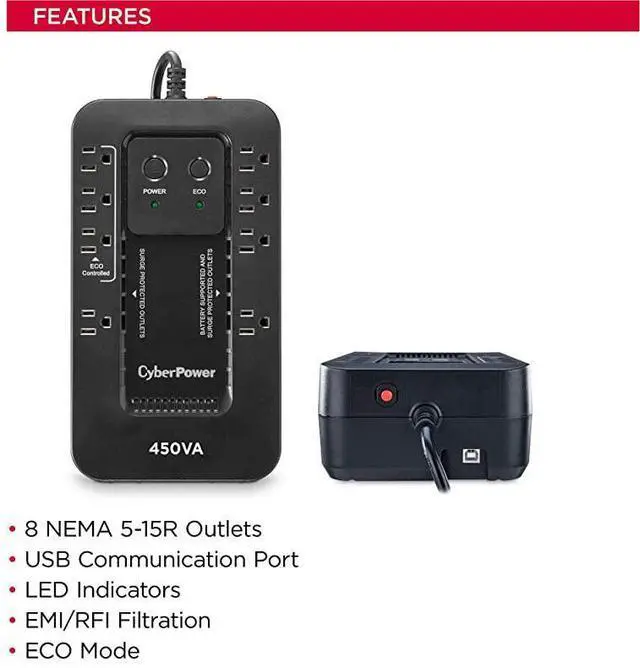 Alt view image 6 of 7 - FOR EC450G Ecologic Battery Backup Surge Protector UPS System 450VA260W 8 Outlets ECO Mode Compact Uninterruptible Power Supply
