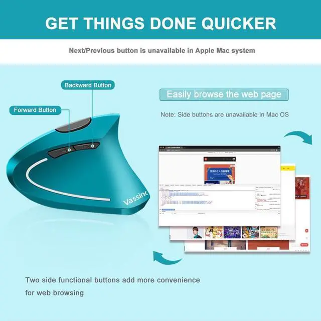 Alt view image 6 of 7 - Ergonomic Wireless Mouse Rechargeable Mouse 2.4Hz Vertical Wireless Optical Mice with USB Receiver 6 Buttons 800/1200/1600 DPI Blue