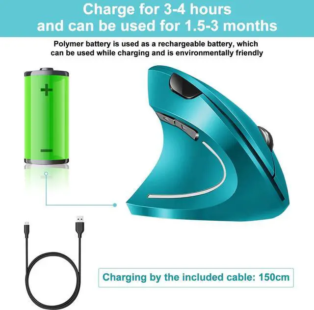 Alt view image 5 of 7 - Ergonomic Wireless Mouse Rechargeable Mouse 2.4Hz Vertical Wireless Optical Mice with USB Receiver 6 Buttons 800/1200/1600 DPI Blue