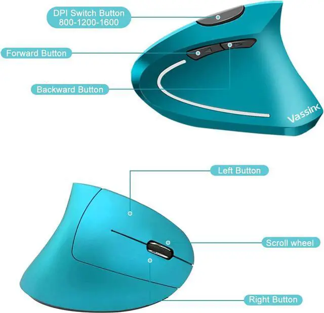 Alt view image 7 of 7 - Ergonomic Wireless Mouse Rechargeable Mouse 2.4Hz Vertical Wireless Optical Mice with USB Receiver 6 Buttons 800/1200/1600 DPI Blue