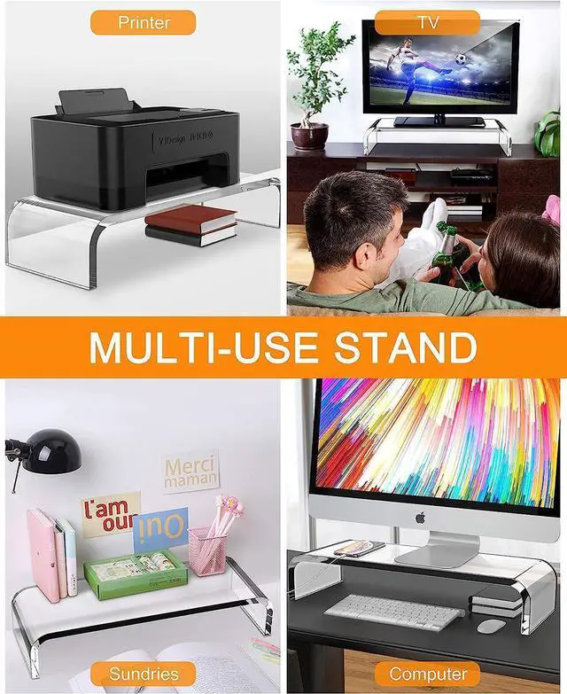 Alt view image 7 of 7 - FOR Clear Monitor Riser Acrylic Computer Stand - HD Sturdy 50LB Max - Promotes Pain Relief Posture & Free Up Cluttered Space with TV Laptop & PC Computer & Desk Storage Organizer Stand Riser