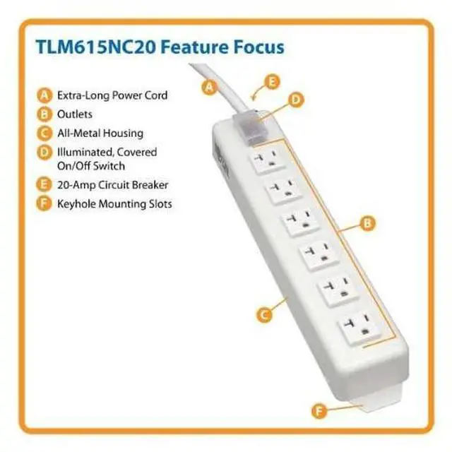 Alt view image 3 of 3 - for6 Outlet Home & Office Power Strip, 20A, 15ft Cord with 5-20P Plug, (TLM615NC20)