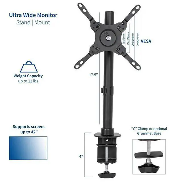 Alt view image 2 of 7 - FOR Black Ultra Wide Screen TV and Monitor Desk Mount Adjustable Height and Tilt Stand for Screens up to 42 inches STANDV101C
