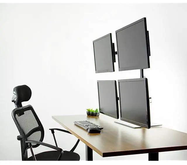 Alt view image 4 of 6 - FOR Black Adjustable Quad Monitor Desk Stand Mount Free Standing Heavy Duty Glass Base Holds 4 Screens up to 27 inches STANDV004FG