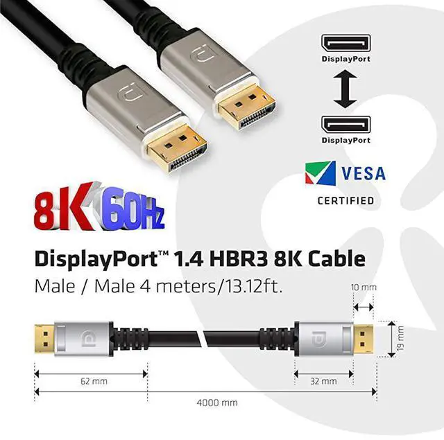 Alt view image 4 of 7 - FOR CAC1069 DisplayPort to DisplayPort 14HBR3 Cable DP 14 8K 60Hz 4m1312 24AWG Black VESA Certified