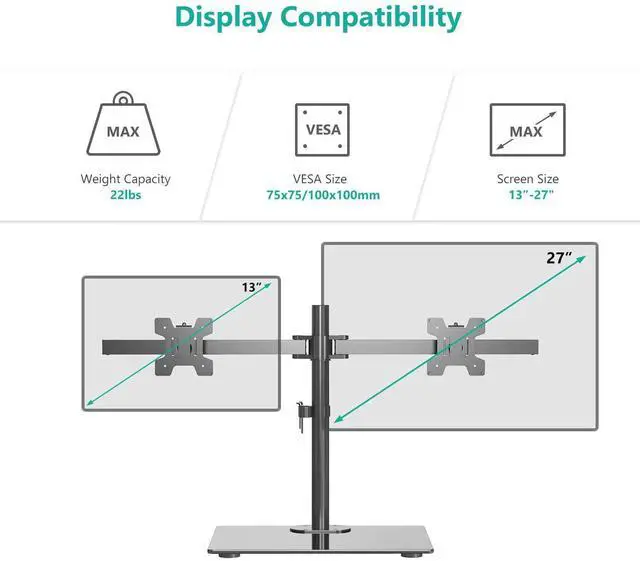 Alt view image 2 of 7 - Free Standing Dual Monitor Stand Height Adjustable Monitor Mount with Glass Base Fits ?LCD LED Flat Curved Screen up to 27 inch 22lbs with Grommet Base (GMF002) by