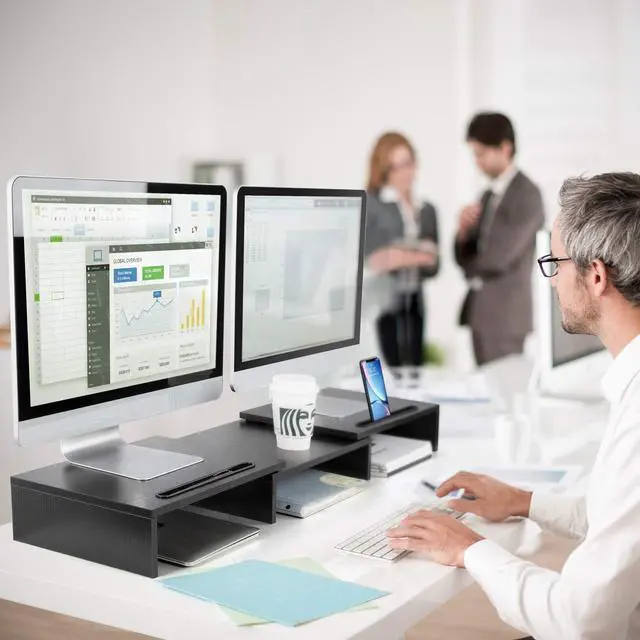 Alt view image 6 of 7 - forDual Monitor Stand -Adjustable Length and Angle Dual Monitor Riser Computer Monitor Stand w/2 Slot Desktop Organizer Monitor Stand Riser for PC Computer Laptop (Black)